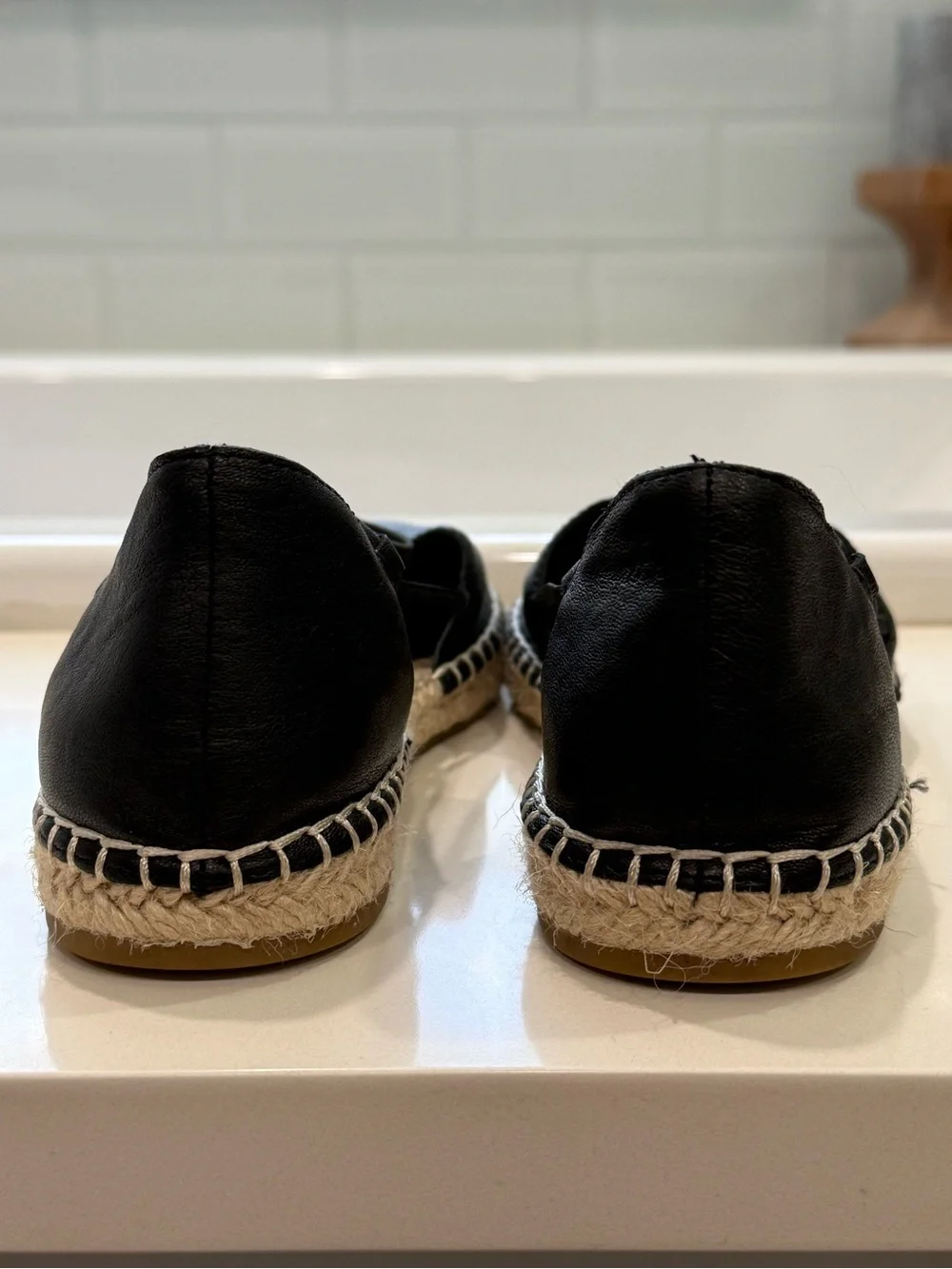 Eileen Fisher Black Leather Espadrille Flats with Elastic Ankle Strap